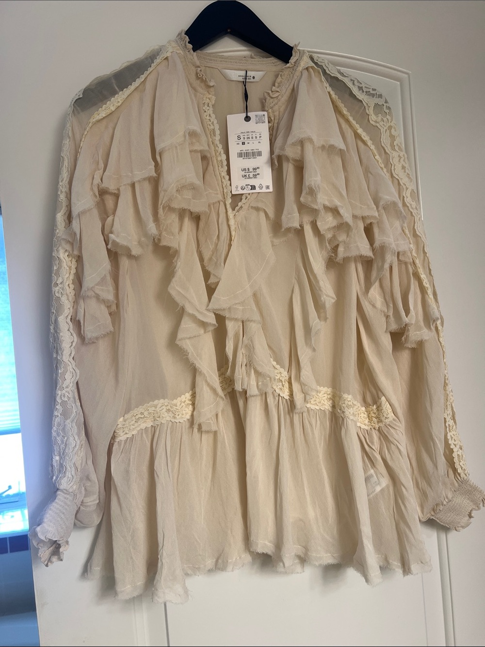 Zara Atelier Bohemian Ruffle Lace Peasant Blouse - Cream NWT